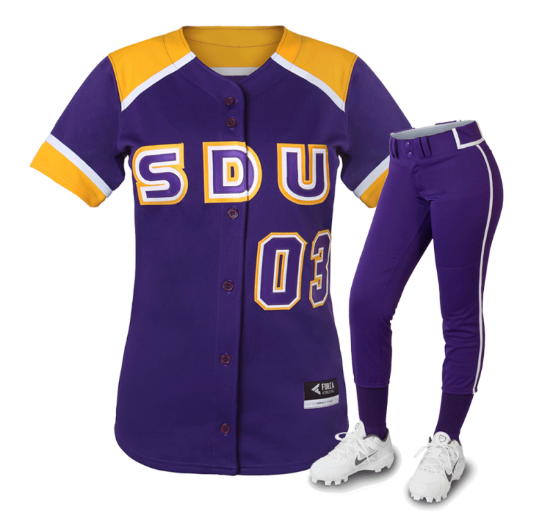 Dark purple and yellow softball uniform