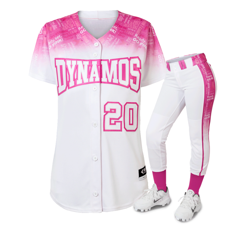 Pink and white button down softball uniforms